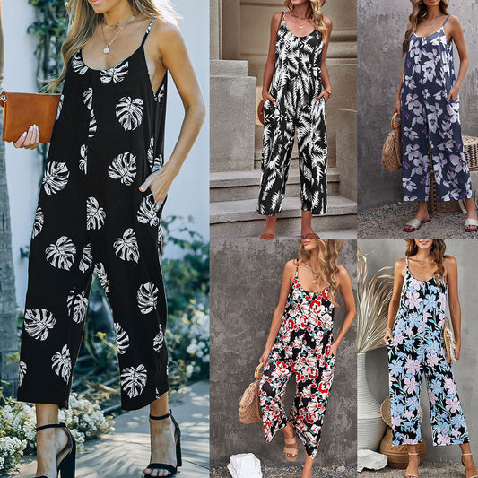 Flowers Print Suspender Jumpsuit With Pockets Spring Summer Fashion Round-neck Overalls For Womens Clothing - P Rubi's 