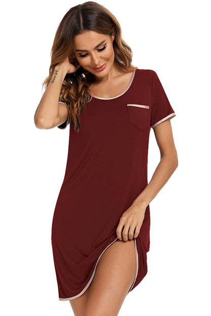 Contrast Trim Pocketed Round Neck Lounge Dress - P Rubi's 