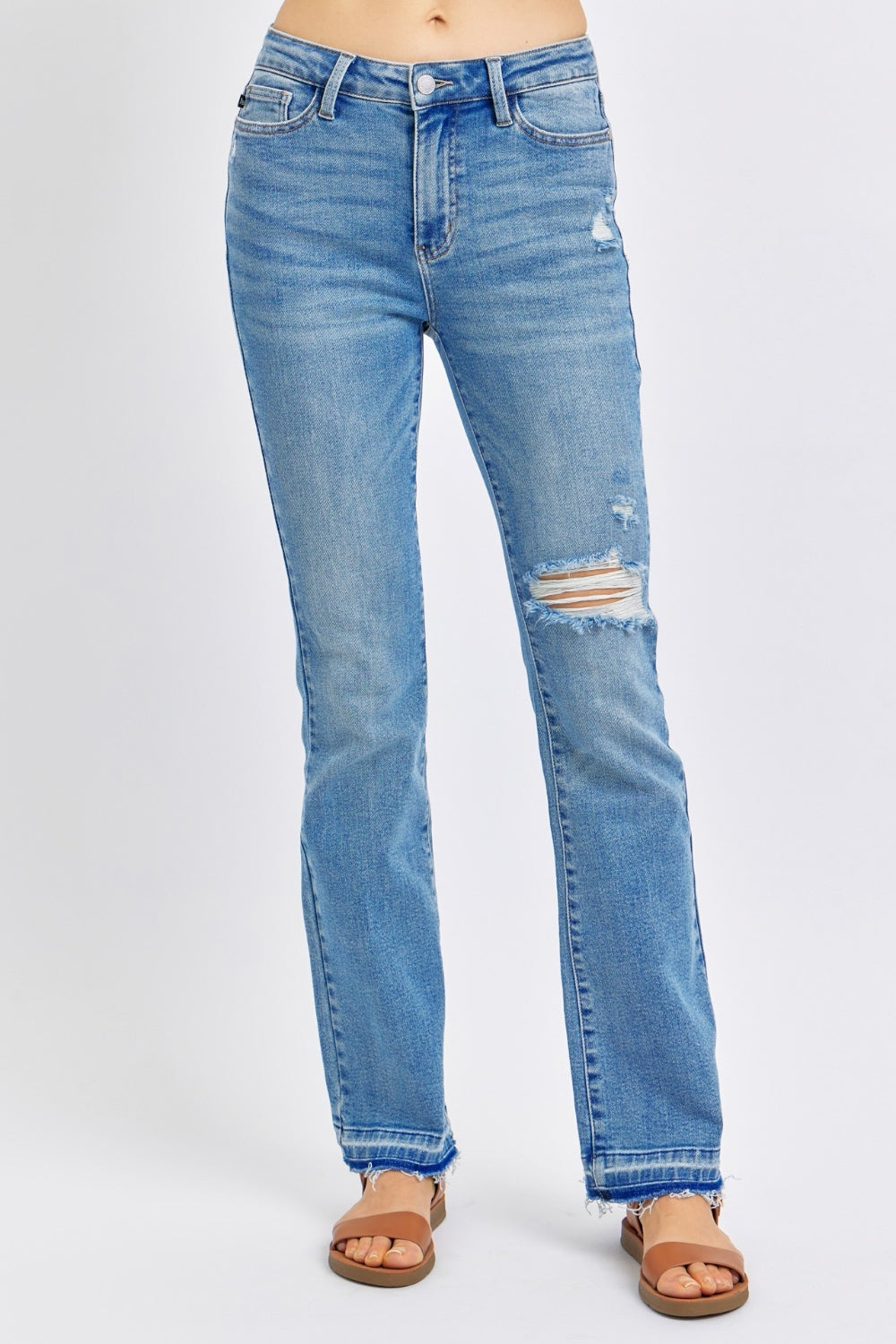 Judy Blue Full Size Mid Rise Destroyed Hem Distressed Jeans - P Rubi's 