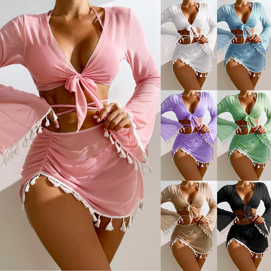 4pcs Solid Color Bikini With Short Skirt And Long Sleeve Cover-up Fashion Bow Tie Fringed Swimsuit Set Summer Beach Womens Clothing - P Rubi's 