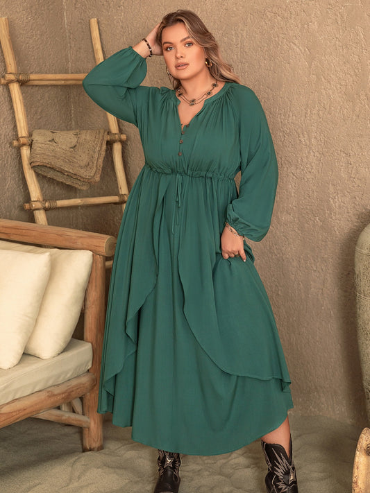 Plus Size Notched Layered Balloon Sleeve Midi Dress - P Rubi's 