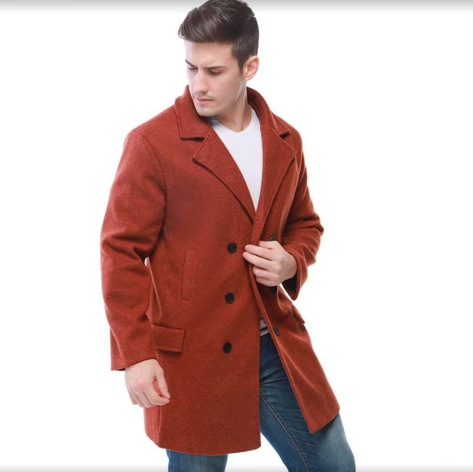 Double-breasted mid-length men's lapel woolen trench coat