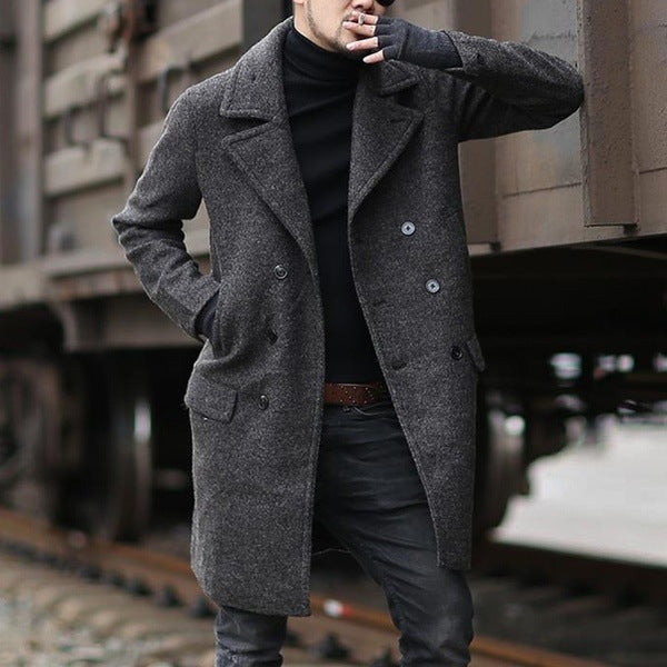 Double-breasted mid-length men's lapel woolen trench coat