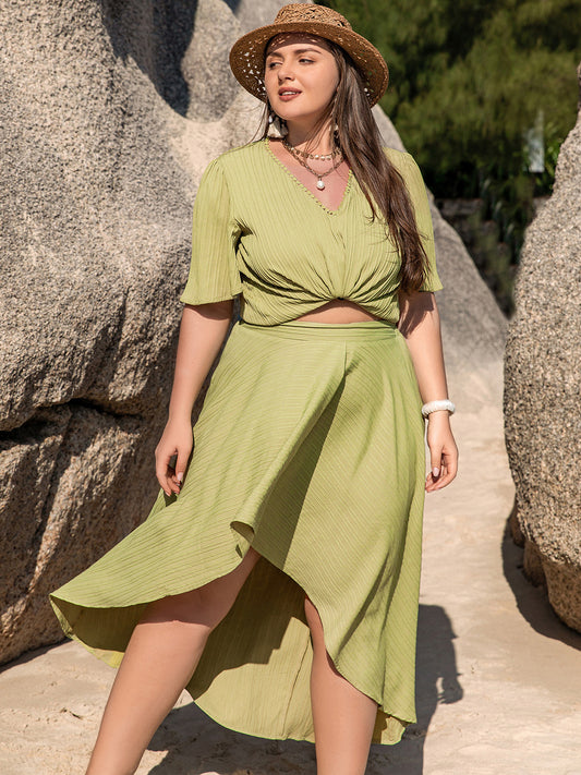 Plus Size V-Neck Half Sleeve Top and High-Low Skirt Set - P Rubi's 