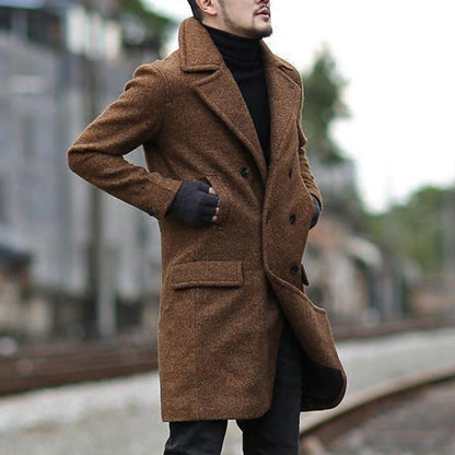 Double-breasted mid-length men's lapel woolen trench coat