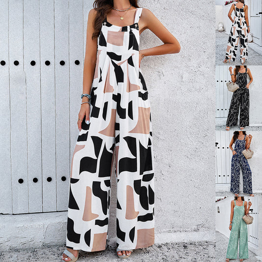 Fashion Print Square Neck Jumpsuit With Pockets Spring Summer Casual Loose Overalls Womens Clothing - P Rubi's 