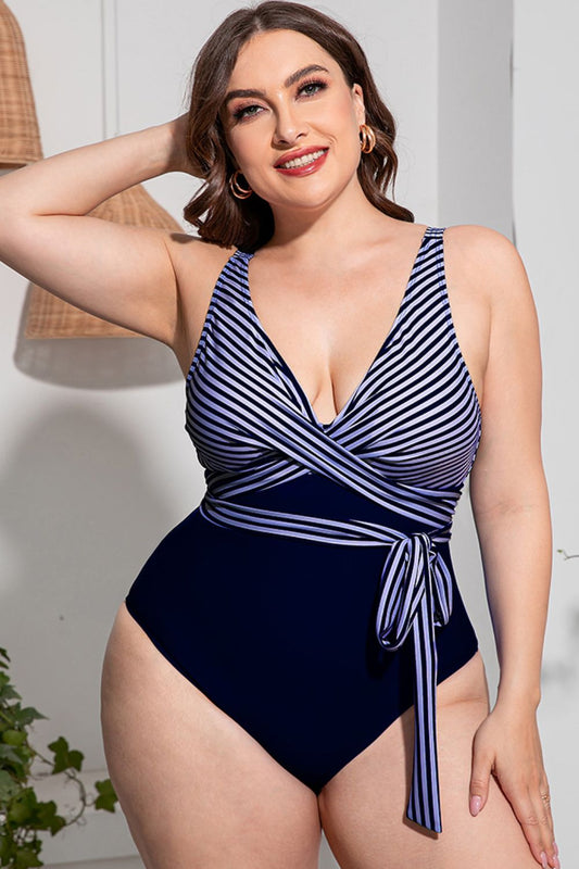 Plus Size Striped Tie-Waist One-Piece Swimsuit - P Rubi's 