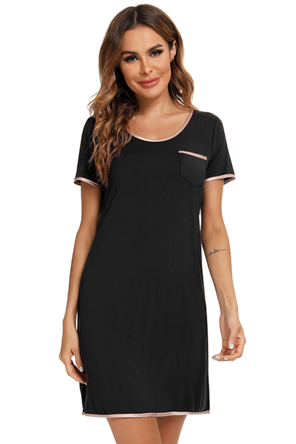 Contrast Trim Pocketed Round Neck Lounge Dress - P Rubi's 