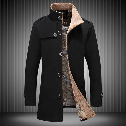 Men's Single-Breasted Woolen Trench Coat