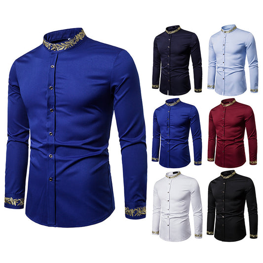 Gold Embroidery White Shirt Men Brand New Stand Collar Mens Dress Shirts Casual Slim Long Sleeve Chemise Homme Camisa Masculina - P Rubi's 