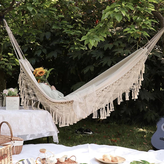 Large 2 Person Hammock Boho Style Brazilian Macrame Fringed Deluxe Double Hammock Net Swing Chair Indoor Hanging Swing - P Rubi's 