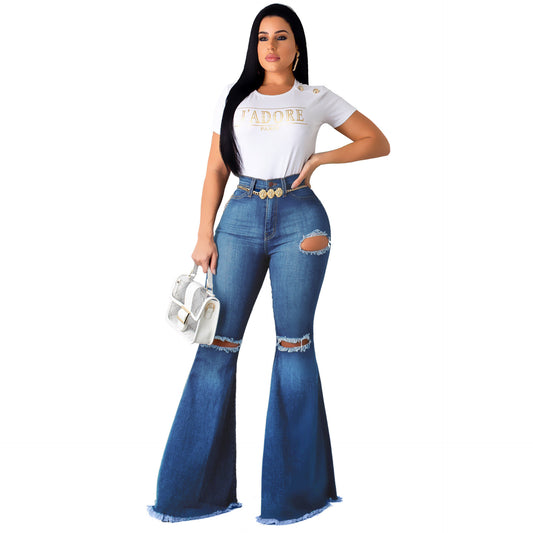 High-Waisted Retro Stretch Hip-Lifting Ripped Wide-Leg Flared Jeans - P Rubi's 