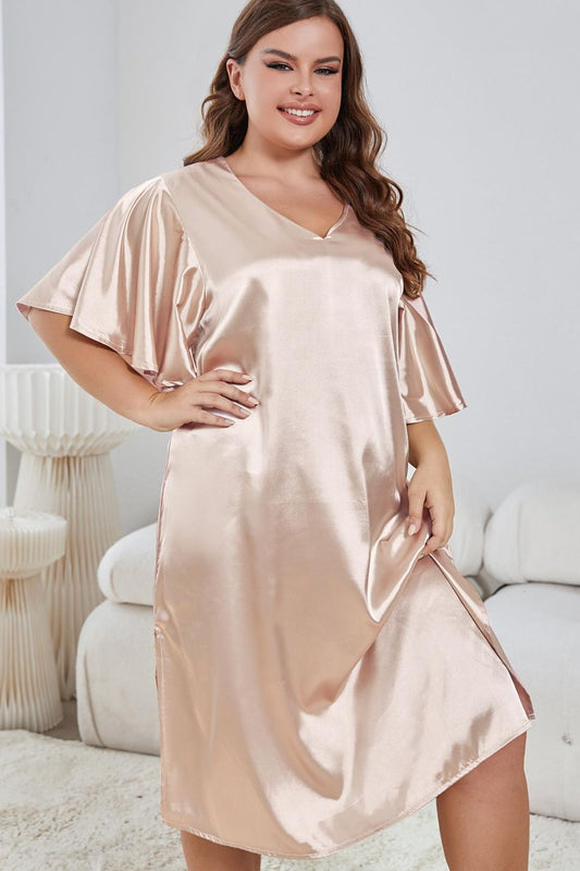 Plus Size Flutter Sleeve V-Neck Side Slit Night Gown - P Rubi's 