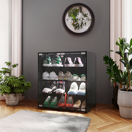 4 Layers Black Shoe Cabinet with Glass Door and Glass Layer Shoes Display Cabinet with LED light Bluetooth Control - P Rubi's 