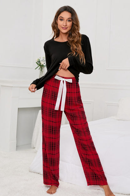 Round Neck Long Sleeve Top and Bow Plaid Pants Lounge Set - P Rubi's 