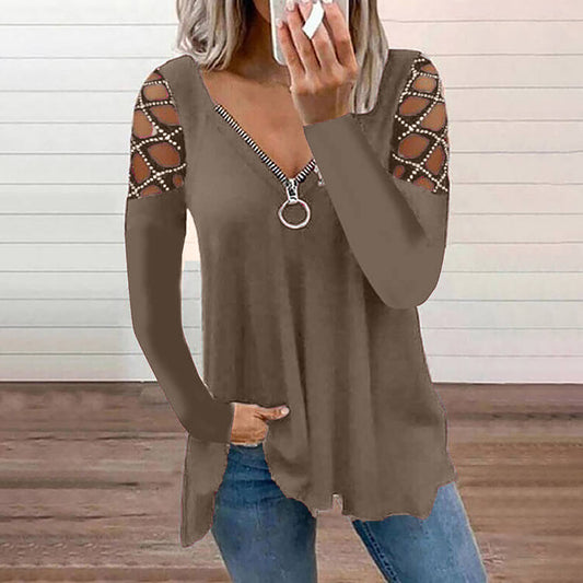 Autumn And Winter New Fashion V-neck Solid Color Hollow Sleeve Rhinestone Casual Top Women's T - P Rubi's 