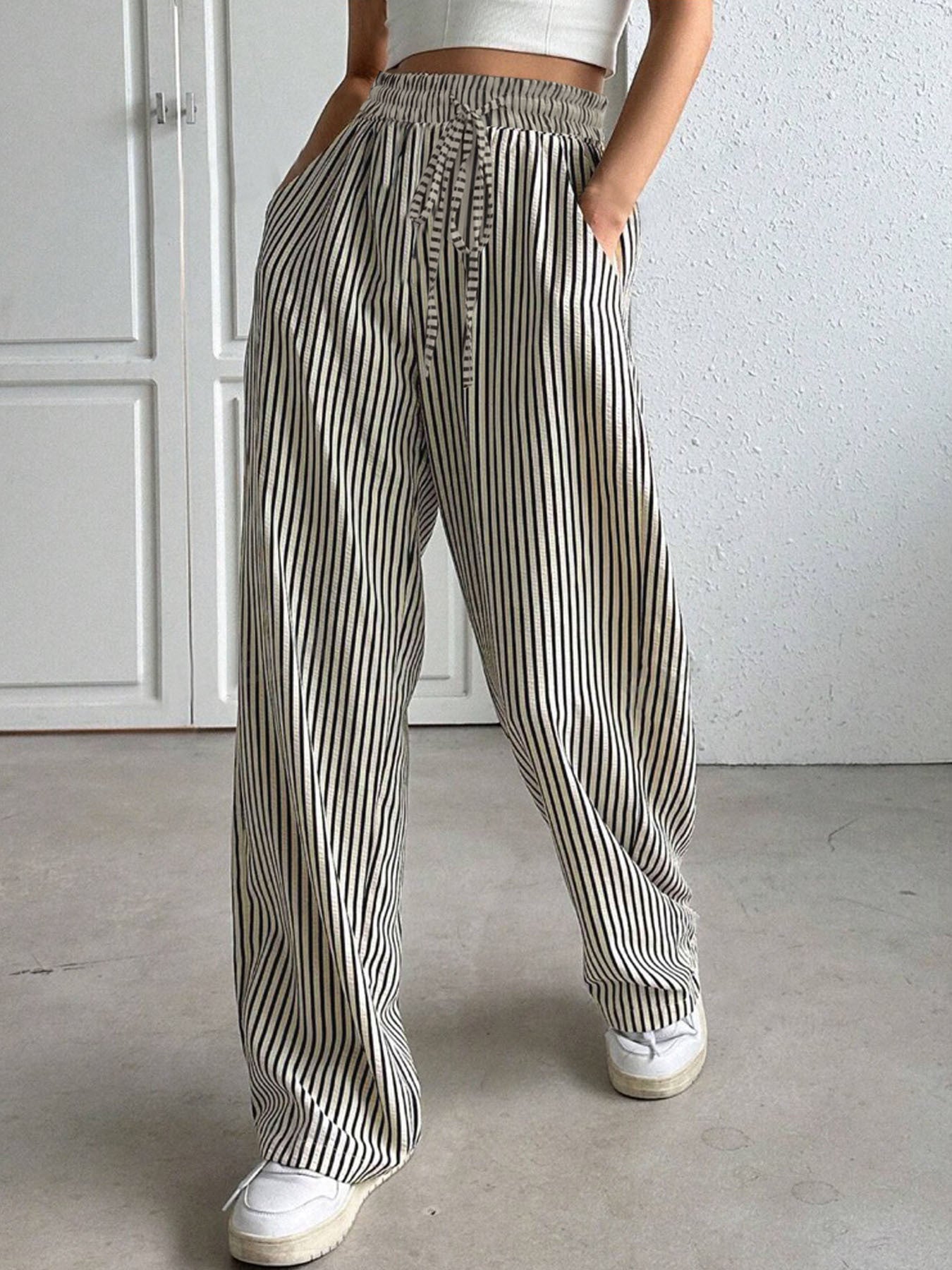 Drawstring Striped Elastic Waist Pants - P Rubi's 