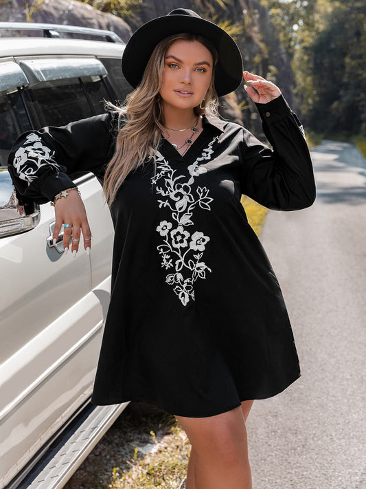 Plus Size Embroidered Long Sleeve Mini Dress - P Rubi's 