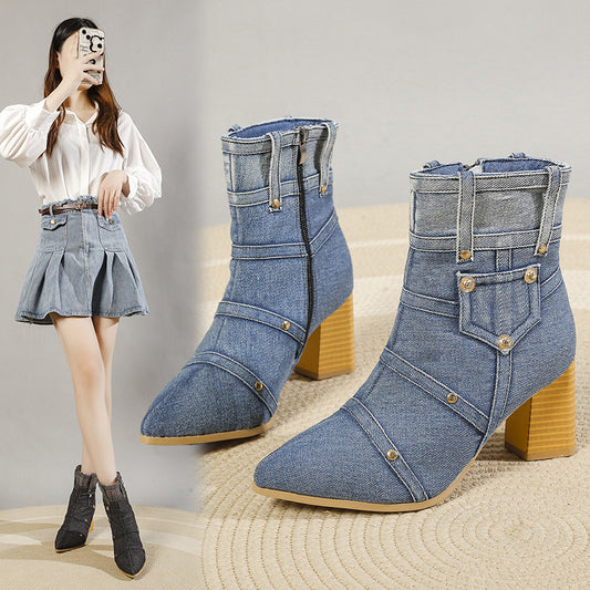 Denim Pointed Toe Chunky Heel Martin Boots Women - P Rubi's 