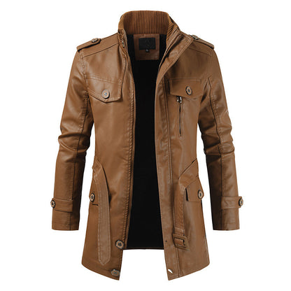 Men's Plus Velvet Casual Stand Collar Leather Trench Coat