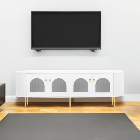 U-Can Modern TV Stand for TVs up to 80 Inches, Entertainment Center with 4 Cabinets, Wood with Metal Legs and Handles White - P Rubi's 