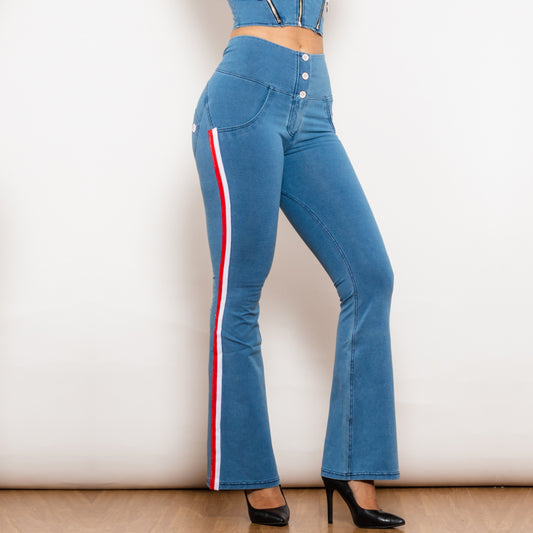 Shascullfites Melody Light Blue Striped Flared Lift Jeggings Button Up Butt Lift High Waist Flare Jeans Women Shaping Jeans - P Rubi's 