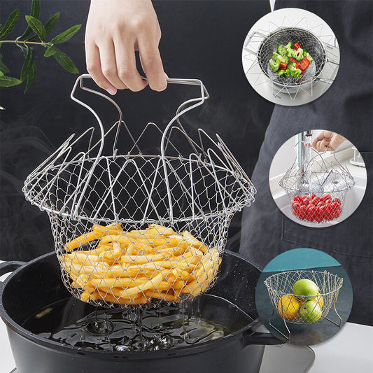 Stainless Steel Deep-fried Large Noodle Kitchen French Fries Tools Drain Basket Household Leak Net Spoon Folding Filter - P Rubi's 