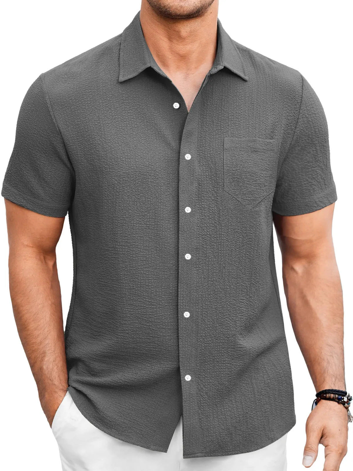 Men's Summer Solid Color Bubble Wrinkle Simple And Comfortable Daily Short Sleeve Shirt - P Rubi's 