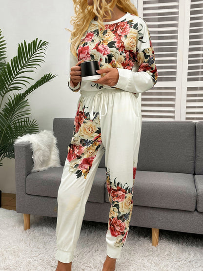 Printed Round Neck Top and Pants Lounge Set - P Rubi's 