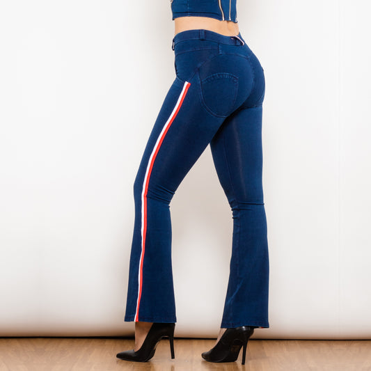 Shascullfites Melody Fashion White Red Side Stripe Flare Jeans Butt Lifting Female Casual Elasticity Dark Blue Denim Bell Pants - P Rubi's 