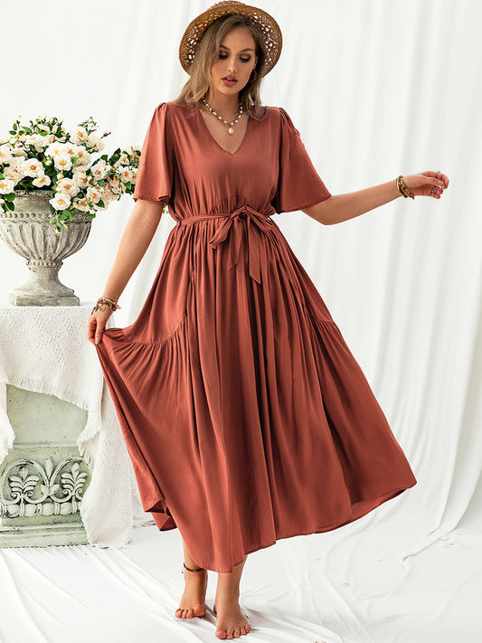 Plus Size V-Neck Flutter Sleeve Midi Dress - P Rubi's 