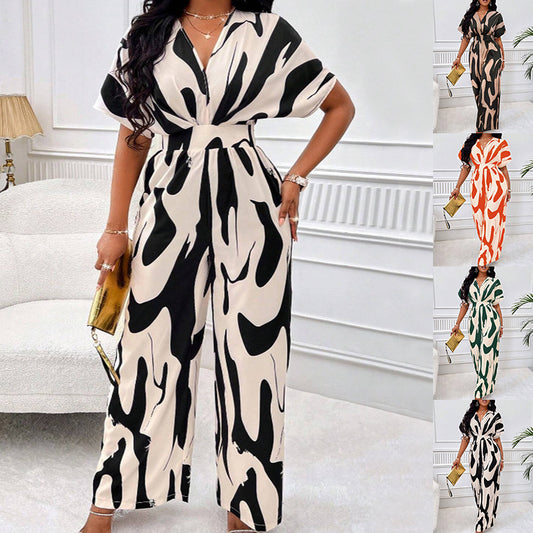 V-neck Loose Printed Long Jumpsuit - P Rubi's 