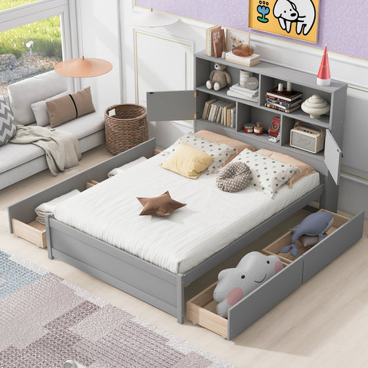 Full Size Platform Bed with Storage Headboard, Charging Station and 4 Drawers, Gray - P Rubi's 