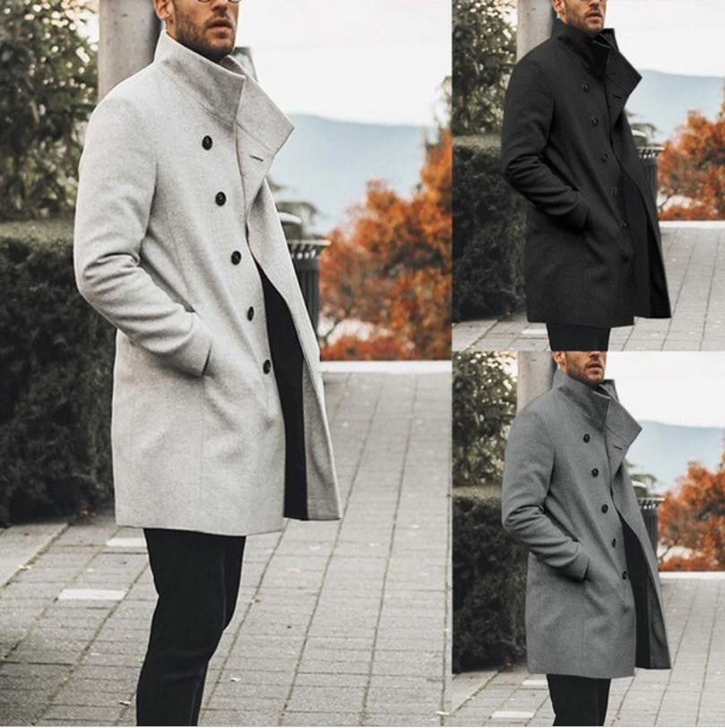 Men's mid-length stand-up woolen trench coat