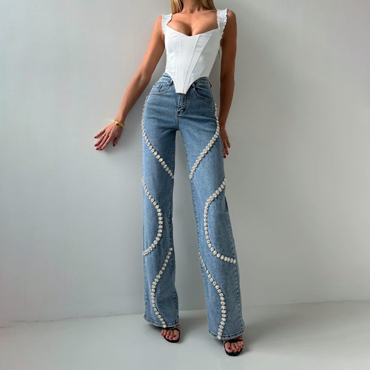 Loose Straight-cut Rhinestone Jeans With Design Sense - P Rubi's 