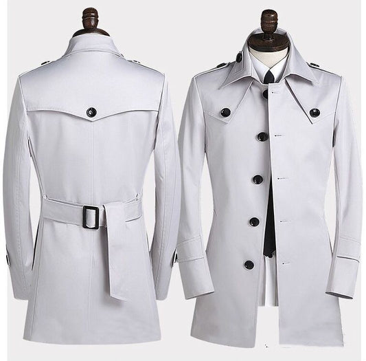 Men's Lapel Trench Coat Korean Version Slim Single Breasted Medium Length