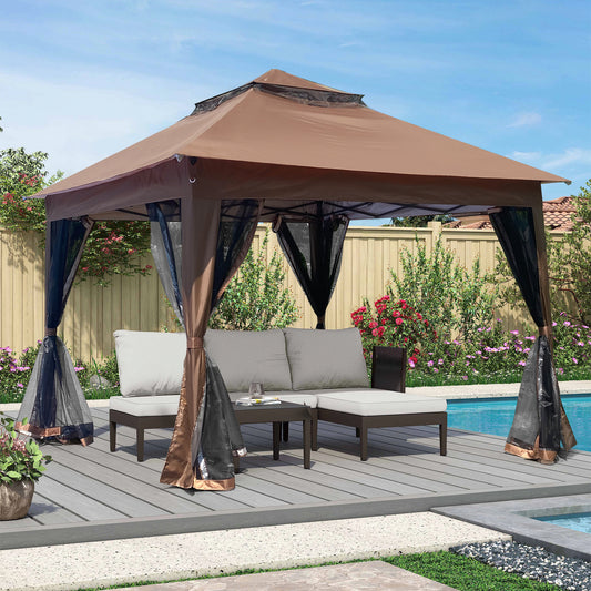 Outdoor 11x 11Ft Pop Up Gazebo Canopy With Removable Zipper Netting,2-Tier Soft Top Event Tent Brown - P Rubi's 