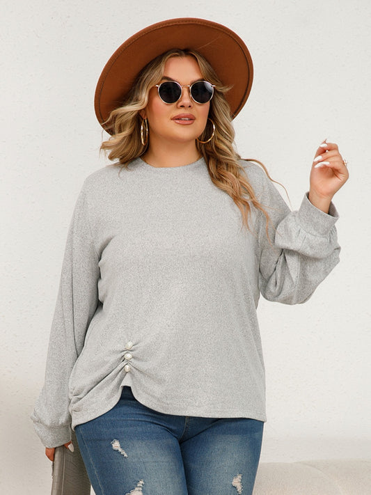 Plus Size Round Neck Ruched Long Sleeve Top - P Rubi's 