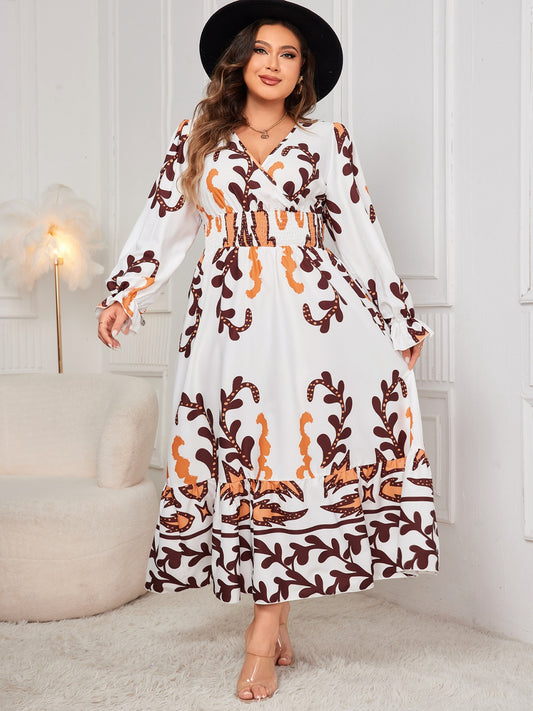 Plus Size Printed Surplice Flounce Sleeve Dress - P Rubi's 