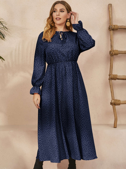 Honey Plus Size Ruffled Polka Dot Long Sleeve Midi Dress - P Rubi's 