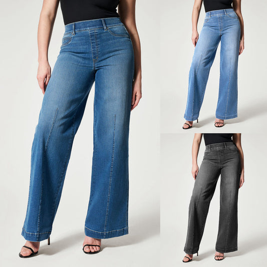 Women's Straight Jeans Mid Waist Wide Leg Pants High Elastic Waist Trousers - P Rubi's 