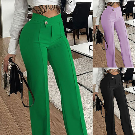 Slim Straight-leg Pants With Buckle Fashion Solid Color Trousers For Womens Clothing - P Rubi's 