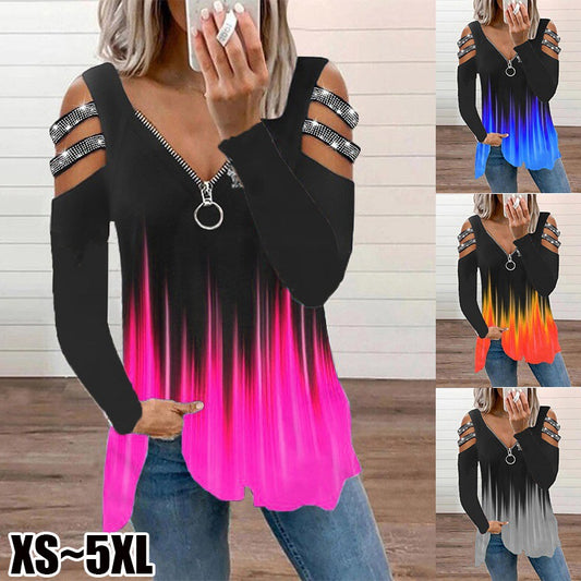 Hot Drilling Printed V-neck Women's Long-sleeved T-shirt - P Rubi's 