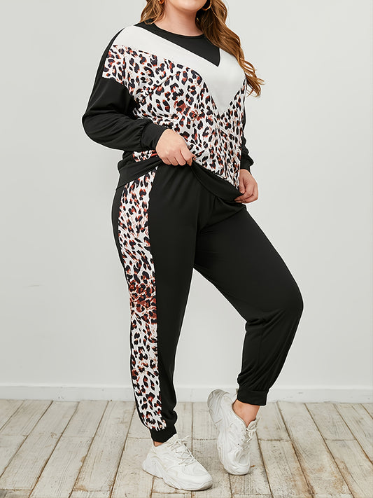 Plus Size Leopard Sweatshirt and Sweatpants Set - P Rubi's 