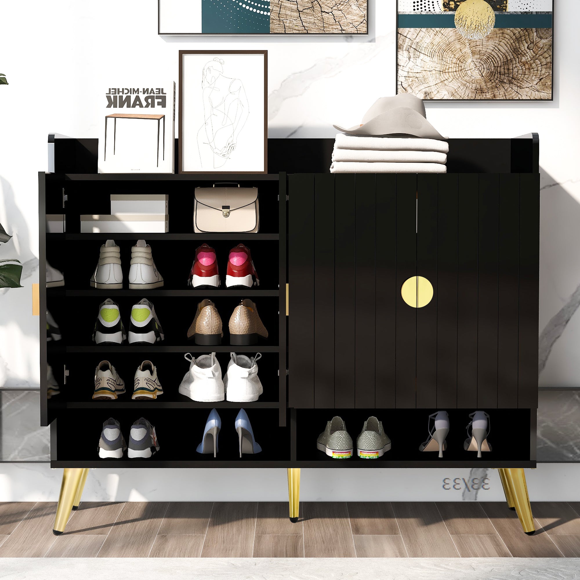 U-Can shoe cabinet with door, 11 layers with adjustable shelves, modern wooden shoe cabinet (PVC surface) - P Rubi's 