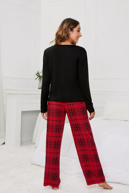 Round Neck Long Sleeve Top and Bow Plaid Pants Lounge Set - P Rubi's 