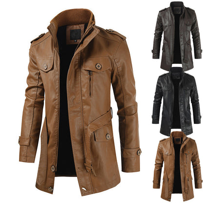 Men's Plus Velvet Casual Stand Collar Leather Trench Coat