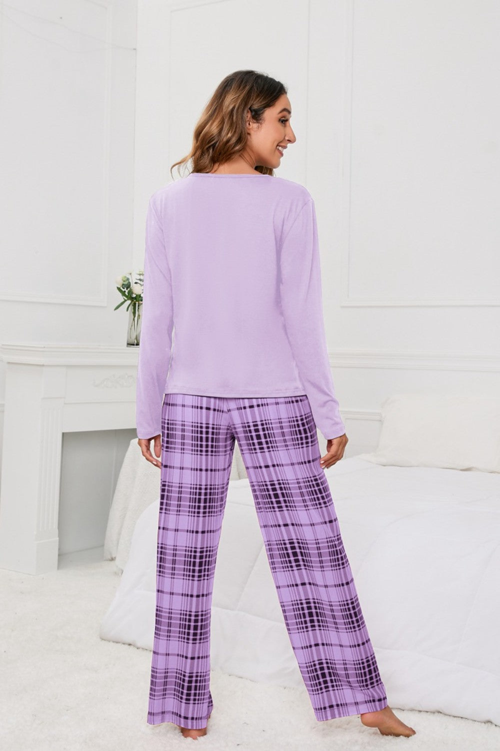 Round Neck Long Sleeve Top and Bow Plaid Pants Lounge Set - P Rubi's 