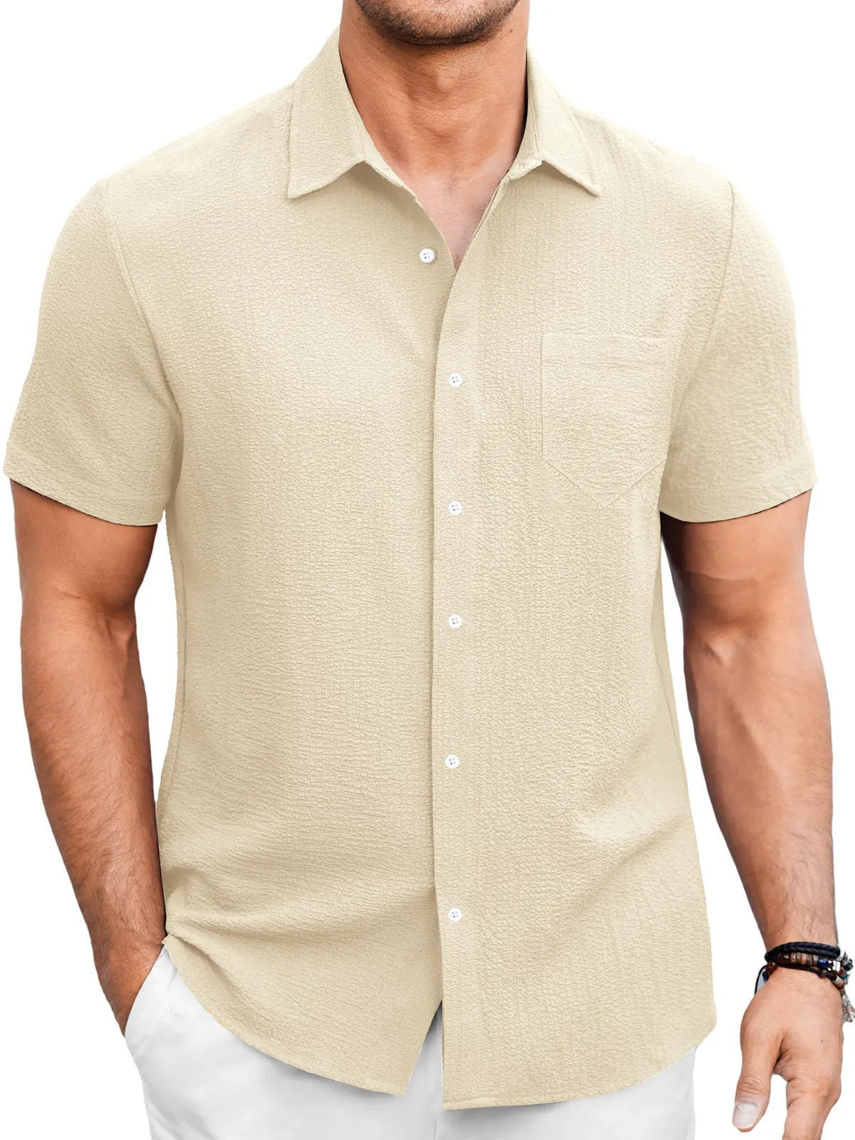 Men's Summer Solid Color Bubble Wrinkle Simple And Comfortable Daily Short Sleeve Shirt - P Rubi's 