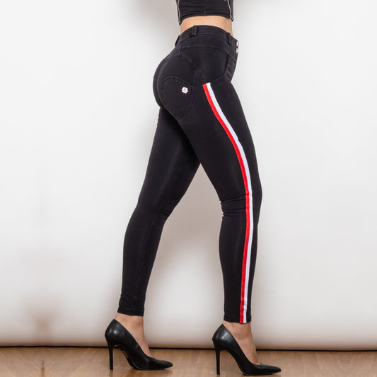 Shascullfites Melody Middle Waist Dark Thread Black Jeans With White&Red Stripe Pants Women Butt Lift Jeans Shaping Pants - P Rubi's 